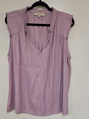 LOFT Lavender Pleated-Sleeve V-Neck Tie Blouse